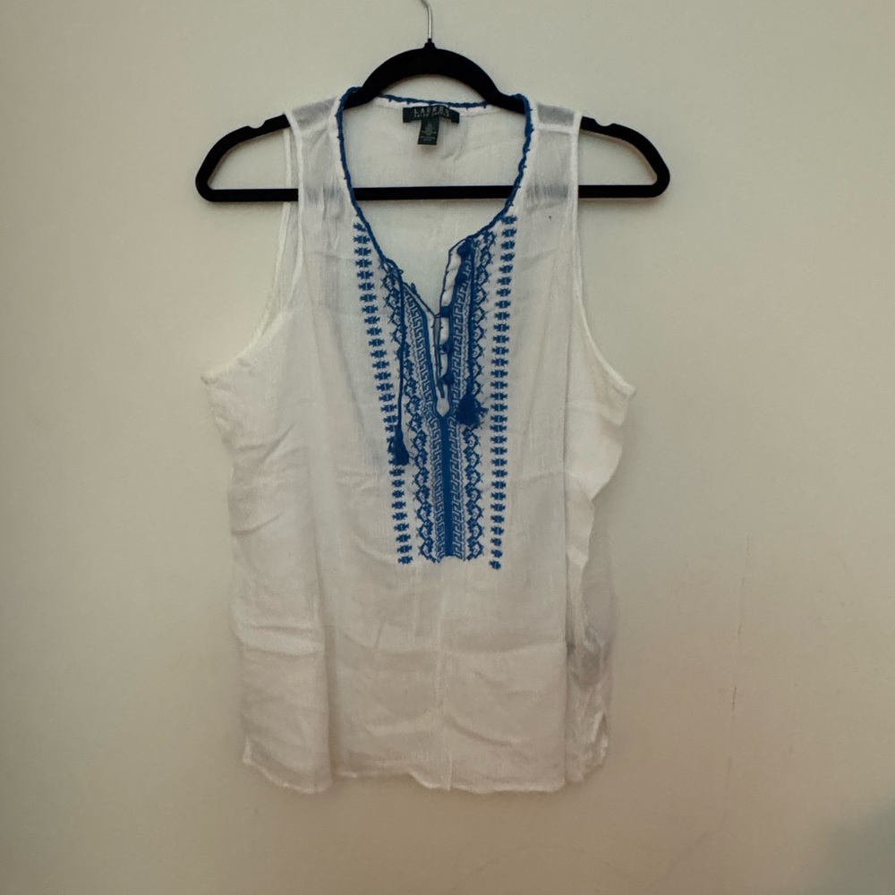 Embroidered White and Blue gauze Sleeveless Top